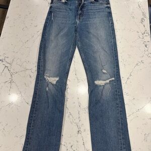 MOTHER Blue Straight Leg Jeans with Distressed Details